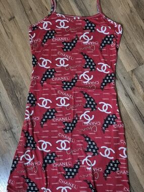 Chanel----Red Spaghetti-Strap Logo-Print Casual Maxi Dress!
